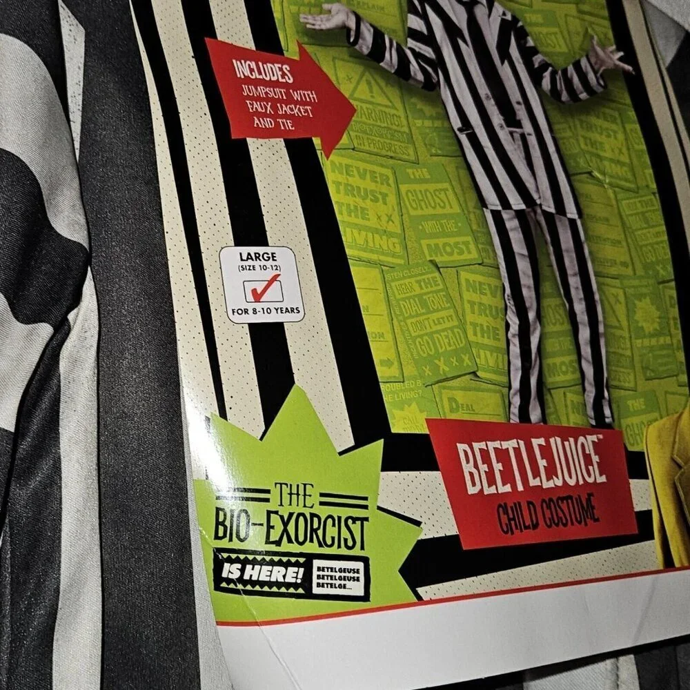 NWT Beetlejuice Halloween Costume Child Boys Large Black Striped Jumpsuit Rubies